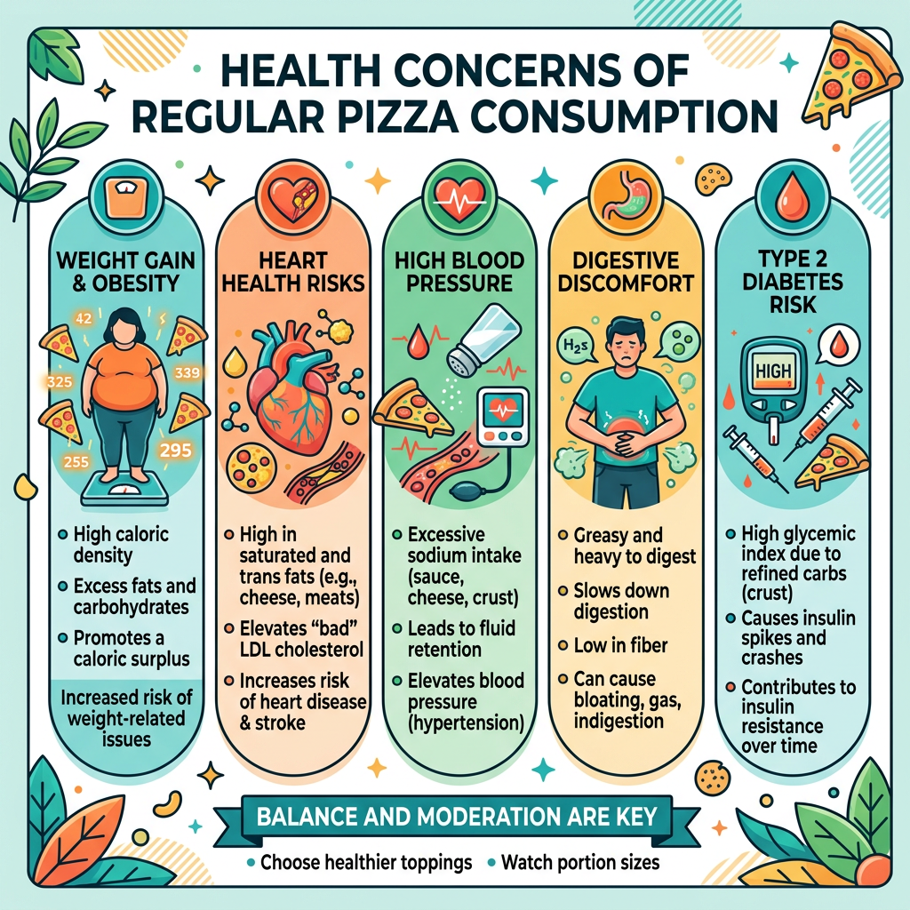 Health risks from regular pizza consumption including obesity, heart risks, high blood pressure, digestive discomfort, type 2 diabetes risk
